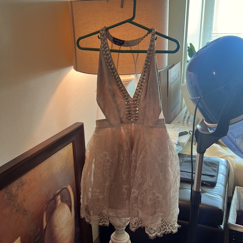 Beige short dress formal with stones
